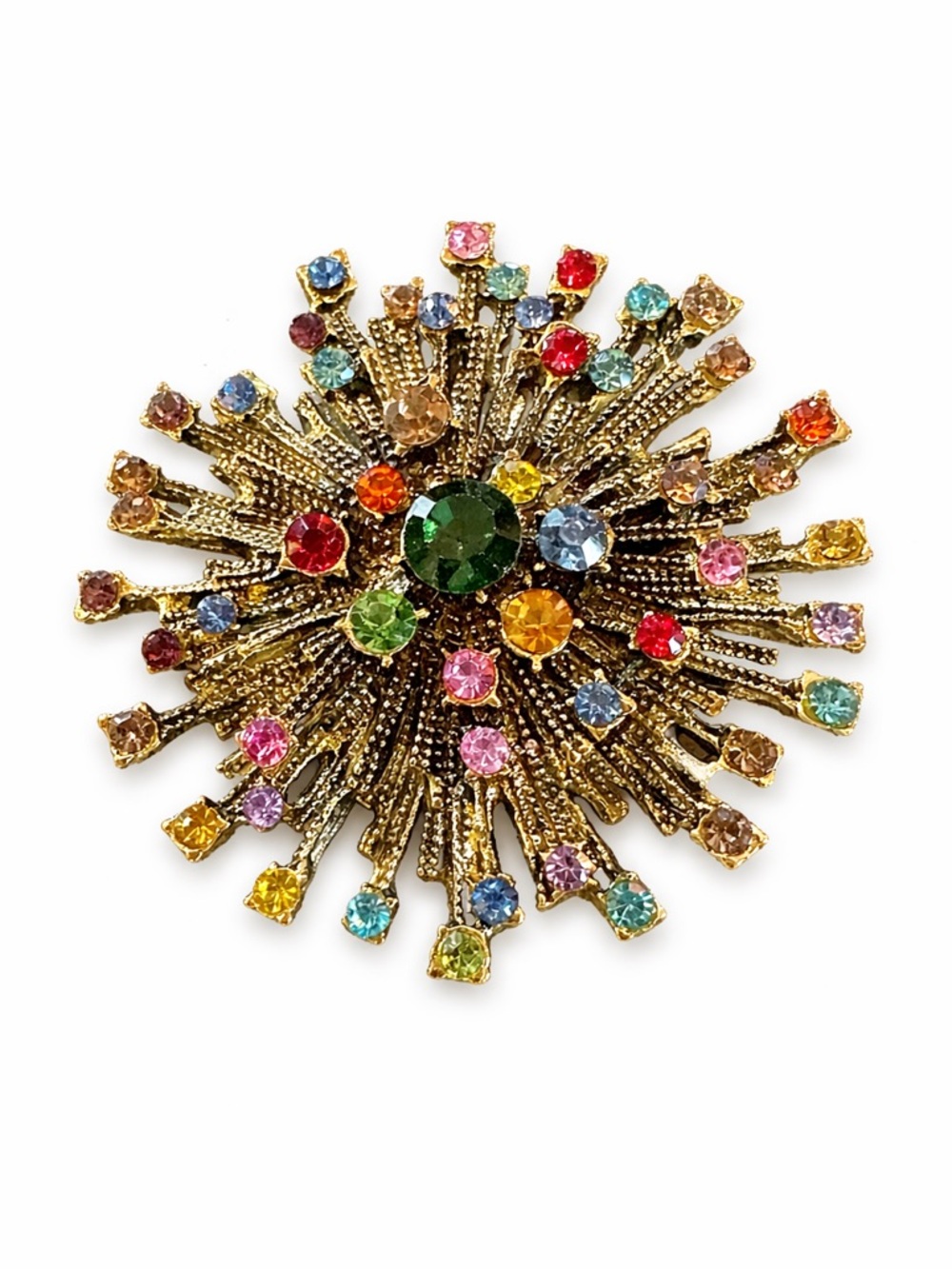 Vintage Style Multicolor Rhinestone Starburst Brooch Gold Tone